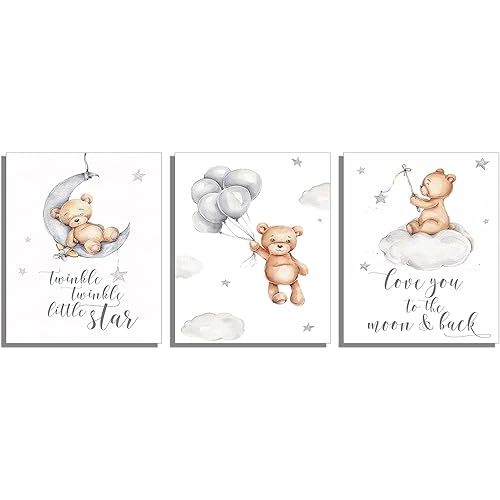 Nursery Wall Art Cute Little Bear Moon Love Sentence Cartoon Canvas Art Prints - Set of 3 (11 inches x 14 inches) Wall Art Decor Photos Bedroom Playroom (No framed)
