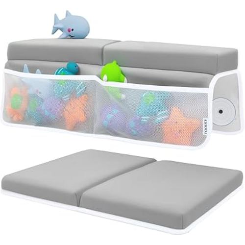 Baby Bath Kneeler and Elbow Rest Pad Set - Baby Bath Support for Knees and Elbows - Bath Kneeler Pad with Memory Foam and Bath Toys Organizer - Ideal Bath Kneeling Pad for Bathing Baby - Grey