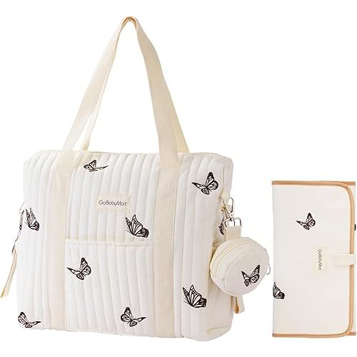Large Diaper Bag Tote, Maternity Travel diaper tote, Multifunction baby bag, Baby Nappy Bags, Messenger bag (Medium - Beige Butterflies)