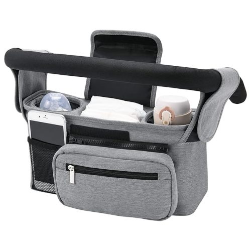 Momcozy Universal Stroller Organizer with Insulated Cup Holder Detachable Phone Bag & Shoulder Strap, Fits for Stroller Like Uppababy, Baby Jogger, Britax, BOB, Umbrella and Pet Stroller - Grey