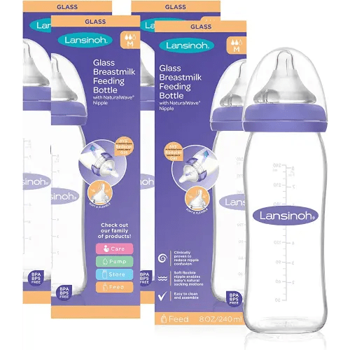 Lansinoh Glass Baby Bottles for Breastfeeding Babies, 8 Ounces, 4 Count, Includes 4 Medium Flow Nipples (Size 3M)