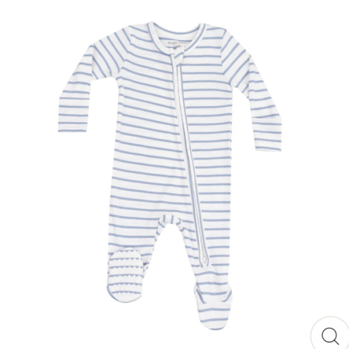 2 Way Zipper Footie - French Stripe Dusty Blue