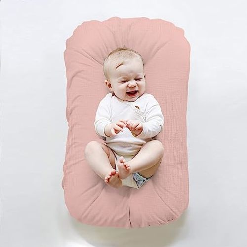 ZonLi Baby Lounger for Newborn, Baby Nest for 0-9 Month, Portable Nest Sleeper for Infant with 100% Cotton Muslin Cover - Breathable, Natural (Pink)