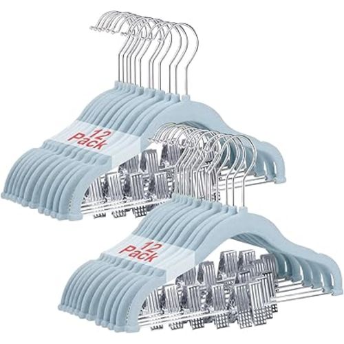 Baby Clothes Hangers with Clips, 24 Packs Kids Velvet Clothes Hangers, Heavy-Duty Childrens Hangers, Storage Organizer Clothing Hangers for Shirts, Pants, Skirts, Dresses, Jackets, Coat Blue