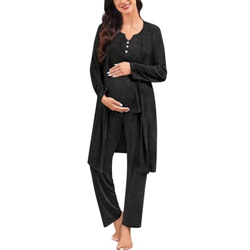 SWOMOG Maternity Nursing Pajamas Sets 3 PCS Women Postpartum Pajama Breastfeeding 3 in 1 Labor Delivery Button Pregnancy Pjs