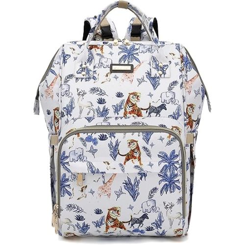 Diaper Bag Backpack, Diaper Bags for Baby Girls Boys, Baby Bags for Moms Dads, Nappy Changing Bag with Insulated Pockets,Multi-functional Waterproof Backpack with Stroller straps-Animal World White
