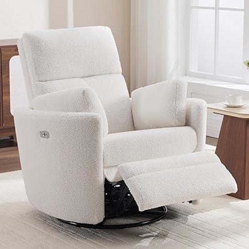 Power Recliner,Nursery Swivel Glider Rocking Chair with USB Port,Upholstered Adult Electric Recliner Rocking Chair with 2 Pillows for Living Room Bedroom (Beige Teddy, Power-Driven)