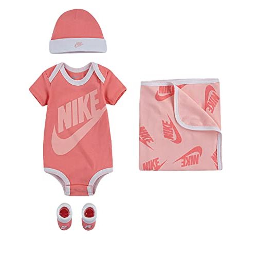 Nike Baby`s Core Future Blanket, Bodysuit, Hat and Booties 4 Piece Set (Peach(NN0452-AB4)/White, 0-6 Months)
