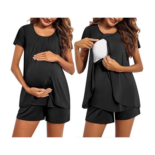 Ekouaer Women's Maternity Nursing Pajamas Set Breastfeeding Sleepwear Double Layer Short Sleeve Top & Shorts Nursing Pjs