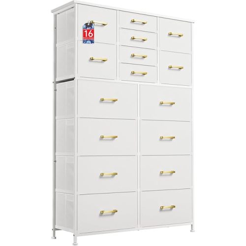 Tall Dresser for Bedroom,16 Drawer Dressers & Chests of Drawers, Fabric Bedroom Dresser with Wood Top, Metal Frame, Tall Storage Tower for Closet Entryway, White