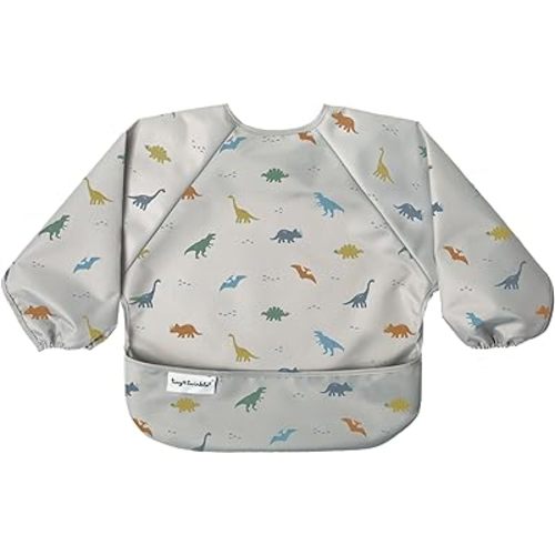 Tiny Twinkle Mess Proof Baby Bib, Cute Full Sleeve Bib Outfit, Waterproof Bibs for Toddlers, Machine Washable, Tug Proof Closure, Baby Smock for Eating, Long Sleeve (Dinosaur, Small 6-24 Months)