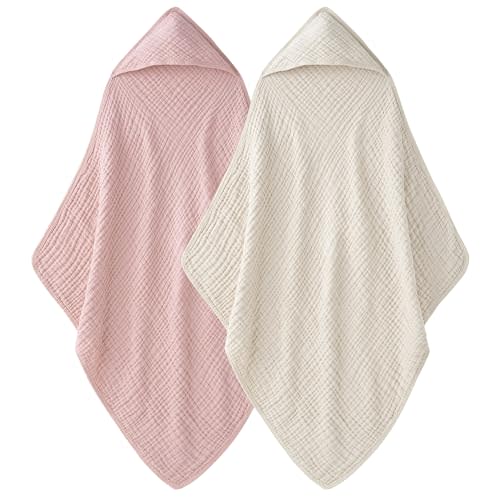 Unnivoll Hooded Baby Towels 100% Muslin Cotton Baby Bath Towels with Hood 2 Pack Baby Towels for Newborn, Infant, Toddler, Kids, Large 32x32Inches, Soft and Absorbent Newborn Essential Apricot&Pink