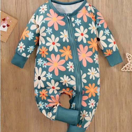 lulukaka Baby Girls' Cartoon Floral Print Round Collar Zipper Long Sleeve Jumpsuit, Soft & Breathable, Comfortable Daily Wear