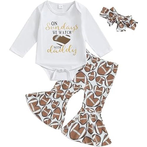 Newborn Baby Girl Football Outfit On Sundays We Watch Football with Daddy Romper and Flare Pants with Headband