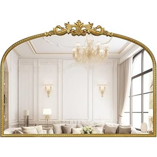 WallBeyond Gold Vintage Mirror for Vanity 32x24 Inch, Gold Antique Mirror with Ornate Frame, Arched Vintage Wall for Bathroom, Living Room, Fireplace, Entryway