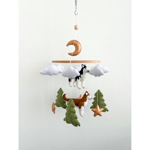 Dog mobile for nursery, husky baby mobile, gender neutral mobile, mobile crib with clouds and stars, puppy cot mobile, baby shower gift