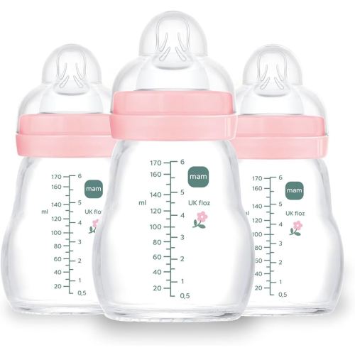 MAM Premium Glass Baby Bottles, Easy Switch Between Breast and Bottle, Feel Good Slow Flow, Newborn Essentials Must Have, 0+ Months, BPA Free, 6oz, Girl, 3 Pack