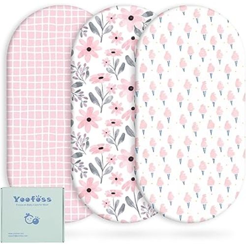 Yoofoss Bassinet Sheets Baby Girl Boy, Fitted Bassinet Sheet Set 3 Pack Universal Fit for Cradle Moses Basket Oval Rectangle Round Hourglass Mattress,Soft Breathable (Pink+Floral)