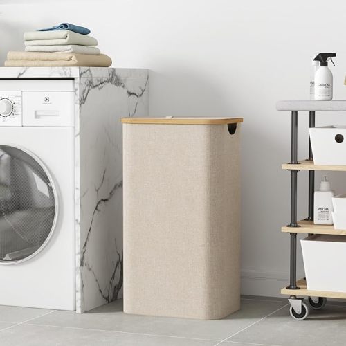 Lifewit 100L Laundry Basket with Lid, Clothes Hampers for Laundry with Bamboo Handles and A Removable Laundry Bag, Large Foldable Laundry Hamper for Bedroom, Bathroom, Dorm, Laundry Room, Beige
