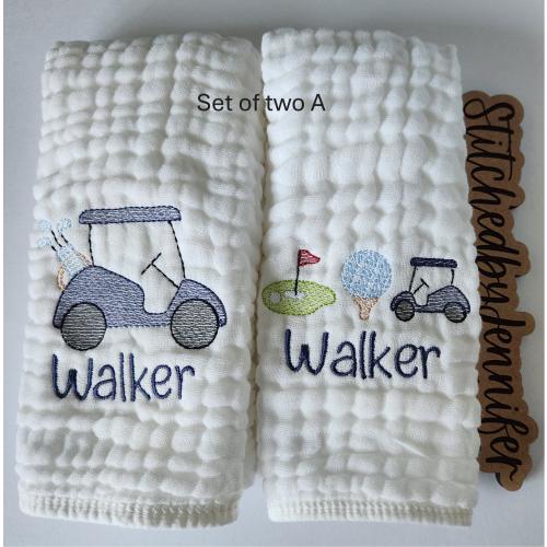 Golfing Personalized Baby Burp Cloths, Monogram, Embroidered, Baby Girl or Boy, Golfing Burp Cloth set, Single or Set of 2