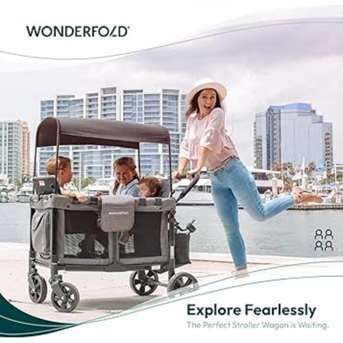 Amazon.com : WONDERFOLD W4 Original Stroller Wagon (4 Seater) - Collapsible Wagon Stroller with Seats with 5-Point Harnesses, Easy Access Zipper Door, and Removable Sun Canopy, Black : Baby