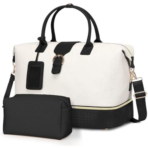 Leather Weekender Bags for Women, Travel Duffel Bag PU Overnight Bag Carry On Tote Bag with Shoe Compartment Wet Pocket