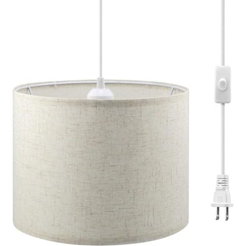Plug in Pendant Light, 15 FT Hanging Lamp with Plug in Cord, On/Off Switch, Pendant Lighting with Fabric Shade, Hanging Light Fixture for Living Room, Bedroom, Dining Room, Kitchen (Beige)