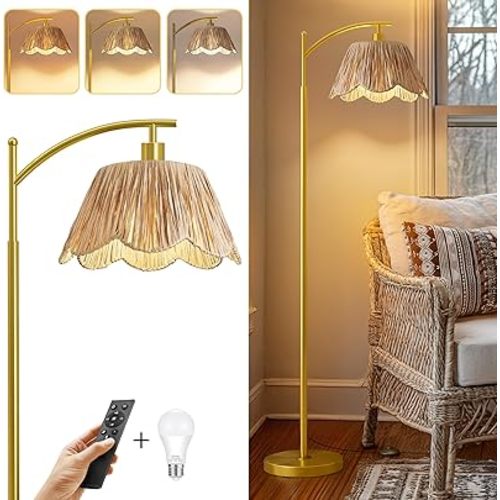 Oneach Boho Floor Lamp with 3 Color Temperatures, Farmhouse Floor Lamps for Living Room with Remote & Dimmable Bulb, Rattan Floor Lamp for Bedroom, Gold