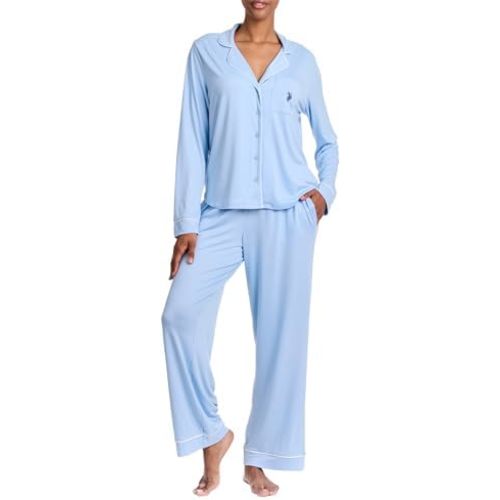 U.S. Polo Assn. Womens Pajama Set Long Sleeve Button Up Top and Pajama Pants