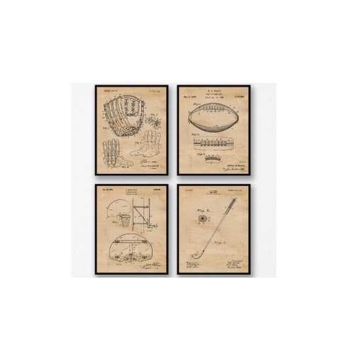 Classic Sports V2 Patent Prints, 4 Unframed Photos, Wall Art Decor Gift for Home Office Gears Garage Gym College Team Student Teacher Coach