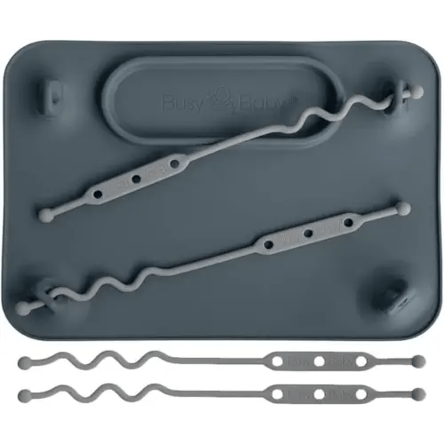 BUSY BABY Silicone Mat - Suction Cups, 4 Straps to Secure Baby Essentials, Self Feeding, Baby Led Weaning, Travel Sleeve Included (Pewter)