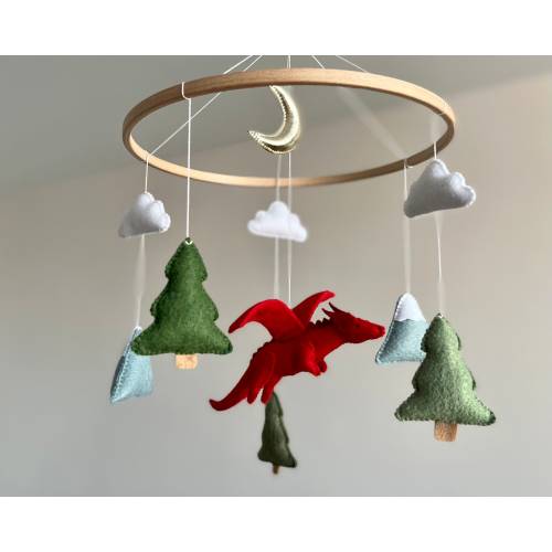 Red dragon mobile for baby nursery Fantasy nursery Felt dragon Gender neutral baby mobile Baby crib mobile Nursery decor Fairy tale nursery