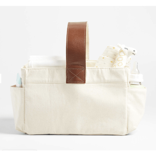 Canvas Diaper Caddy Organizer with Brown Leather Handle