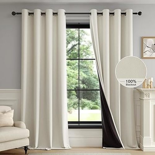 FMFUNCTEX 100% Beige Blackout Curtains for Bedroom, Cream Weave Textured Curtains 84 Inches Long Thermal Insulated Curtains for Living Room, Farmhouse Drapes Grommet Room Darkening 2 Panels