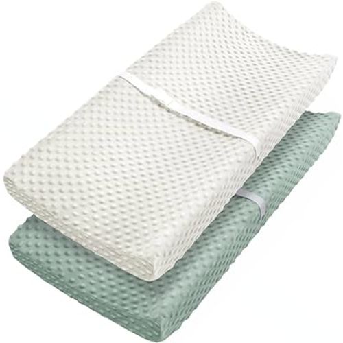 Changing Pad Cover, Ultra Soft Minky Dots Plush Changing Table Covers for Baby Girls and Boys, 2 Pack (Roman Green & Lily White)