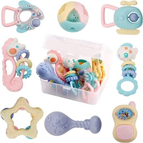 WISHTIME Baby Rattle Toys for Newborns - Baby Toys Rattles and Teethers for Girls Boys 0-3-6-9-12 Months - Baby Rattle Set 8pcs - Infant Rattle Teething Toys – Developmental Sensory Toys for Babies