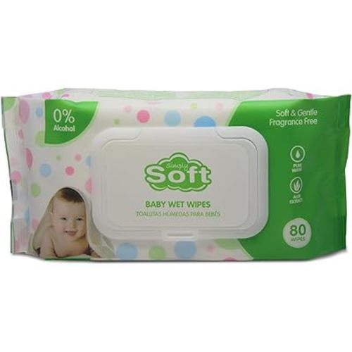 Simply Soft Baby Wipes - Pure Water with Aloe Vera Extract - Gentle and Moisturizing - Convenient, Fresh, and Chemical-Free Baby Wipes -Green Pack with Lid - 80 Count (Pack of 1)