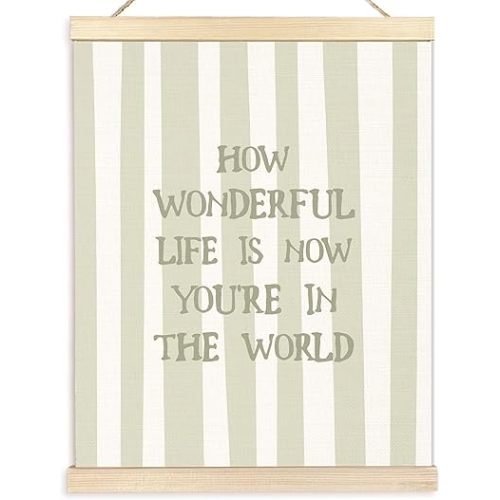 BESERH Sage Green Nursery Wall Art Posters, Nursery Wall Decor, Vintage Striped How Wonderful Life Is Now You're in the World Canvas Prints Artwork Framed Toddler Kids Room, 12x16 Inch