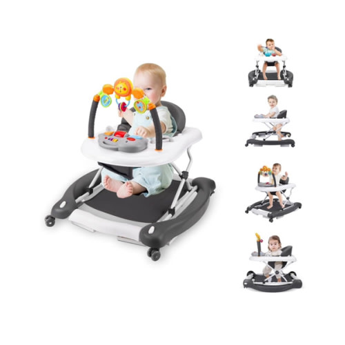 Baby Walker, 5-in-1 Baby Walkers for Boys and Girls 6-12 Months with Bouncer, Removable Footrest, Feeding Tray & Music, Foldable & Adjustable Activity Walker for 6-18 Months Toddler Infant