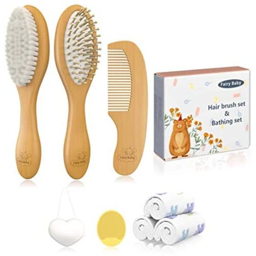 Baby Grooming Kit for Newborn Infant - Wooden Hair Brush and Comb Set for Cradle Cap -Baby Bath Set Includes 3 Washcloths a Soft Sponge and a Silicone Brush for Infant Toddler Kids Bathing