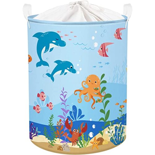 Clastyle Marine Animals Bubbles Kid Laundry Basket with Lid Foldable Sea Shark Dirty Clothes Hamper Round Toy Clothes Pool Beach Towel Basket, Blue Dolphin, 36 * 45 cm