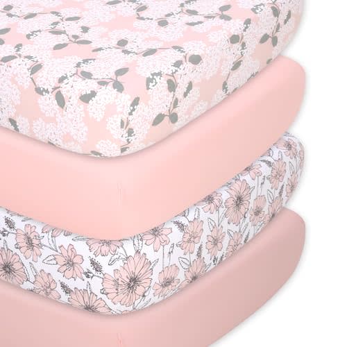 The Peanutshell 4-Pack Fitted Organic Crib Sheet Set - Soft & Breathable Baby Girl or Boy Crib Sheets, 100% Jersey Cotton Nursery Decor, Fit for Standard Crib Mattress Sheet - Cottage Floral
