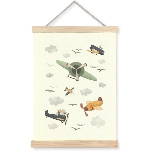 Nipil Vintage Airplane Nursery Poster Hanger Frame, Watercolor Cloudy Sky Scenery Airplane Aviation Hanging Canvas Framed Wall Art Decor for Kids teenage baby Boys Room Nursery Playroom, 12x16 Inch