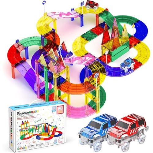 PicassoTiles 80 Piece Race Car Track Building Block Educational Toy Set Magnetic Tiles Magnet DIY Playset 2 Light Up Car STEM Learning Construction Kit Hand-Eye Coordination Fine Motor Skill Training