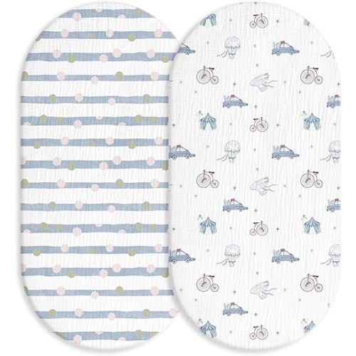 Muslin Bassinet Fitted Sheets, 2 Pack for Baby Boy and Girl, Soft Breathable Baby Pad/Mattress Sheet, Fit for Hourglass Oval and Rectangle Bassinet Mattress (Cute Cars)