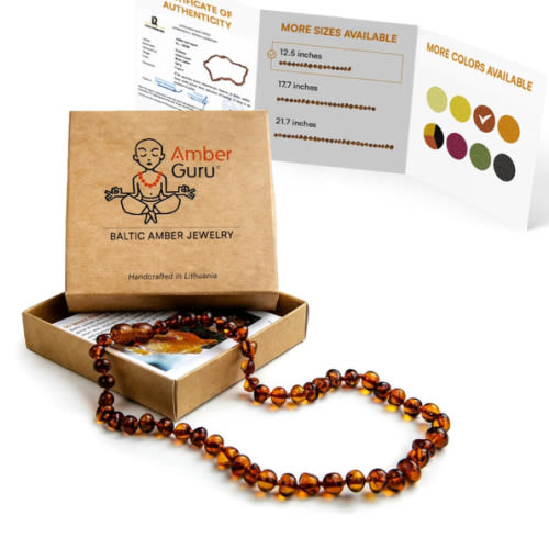 Baltic Amber Necklace (Authentic, Certified) - 12.5 inches - Unisex Jewelry - Cognac (Polished) - Real Amber Beads - Proud to Deliver Genuine Baltic Sea Wonder Handcrafted by Amber Guru