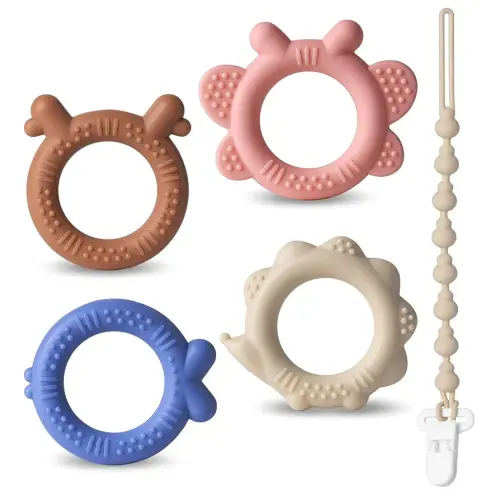 NCVI 4 Pack Silicone Teething Rings Set for Babies 0-6 Months, Baby Teething Toys with Ridges and Pacifier Clip, Small Teethers for Infant 6-12 Months, BPA-Free Teething Relief Baby Chew Toys