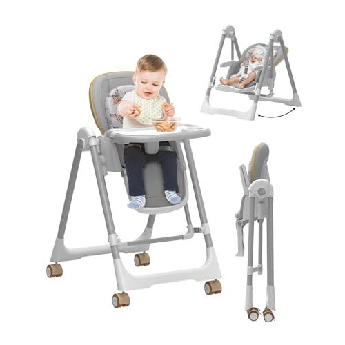 Rabbit Rustler High Chairs for Babies and Toddlers, Baby Swings for Infants, Foldable High Chair with Wheels,5 Adjustable Height, 4-Position Backrest, 3 Footrest Positions, Double Removable Tray(Grey)