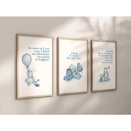 Set of 3 Classic Winnie-the-Pooh Nursery Art Prints, Blue