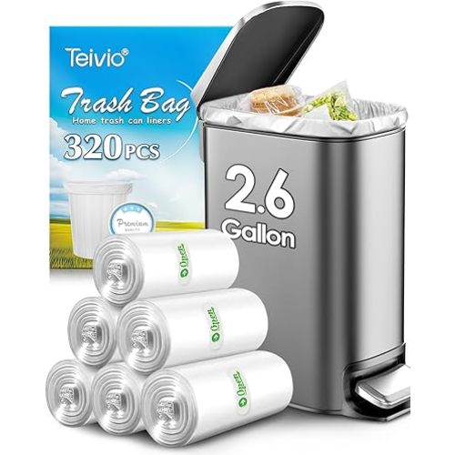 Teivio 2.6 Gallon 320 Counts Strong Trash Bags Garbage Bags, Bathroom Trash Can Bin Liners, Small Plastic Bags for Home Office Kitchen Kitchen (Clear)